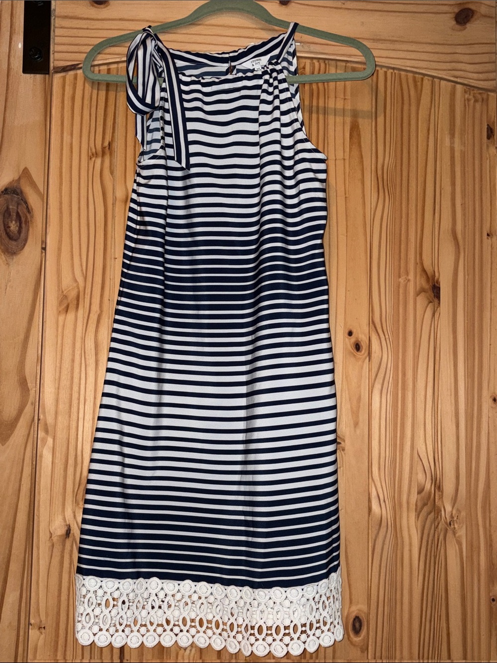 crown & ivy Navy and White Striped ties on One-Shoulder Dress with Lace Trim